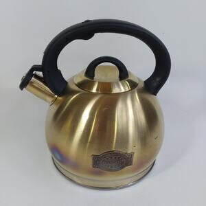 Brandani Whistling Tea Kettle Brushed Gold Steel Black Soft Touch Handle